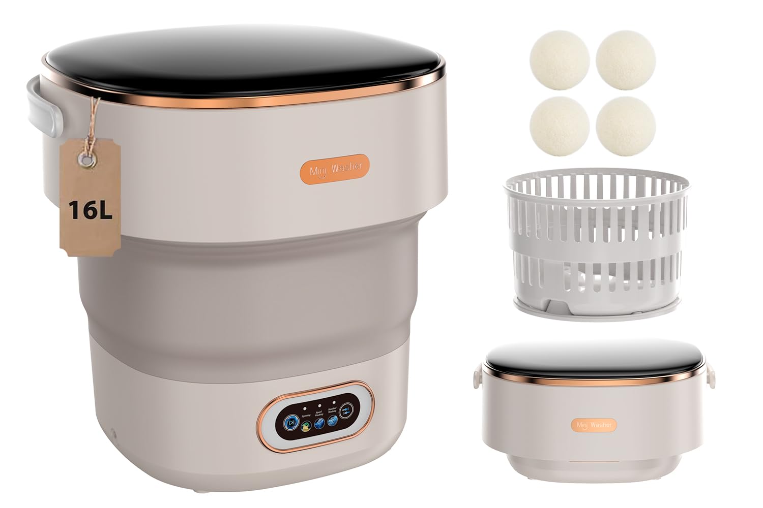 Lavadora portátil plegable de 16 l con cesta giratoria, para ropa interior pequeña, con 3 modos de limpieza, ideal para apartamentos, casas, hoteles, campings, color caqui.