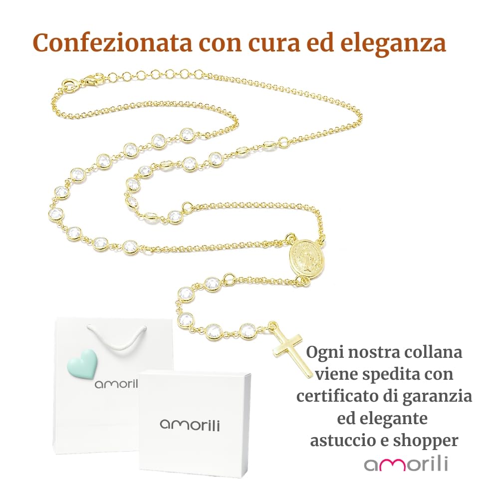 Collana Rosario Donna in Argento 925 Dorato con Postine di Zirconi Bianchi – Gioiello Religioso Cattolico Cristiano con Croce e Medaglia Miracolosa – Simbolo di Fede Elegante cll0827