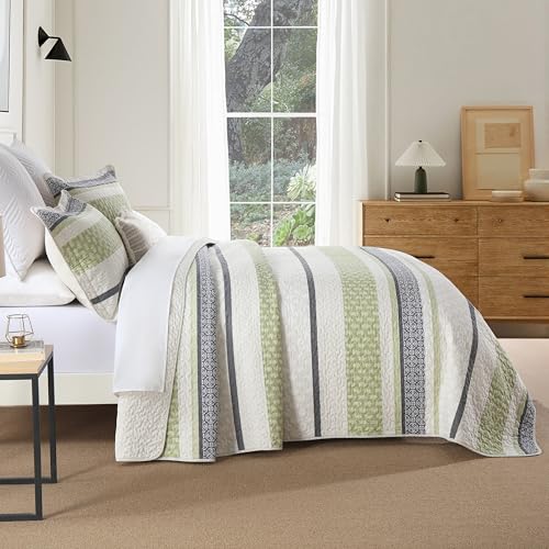 Image of Homzard King Size Quilt,Cotton King Size Bedding Comforter Set,Sage Green Beige Grey Bedspread Set,Striped Bed Set Coverlet Lightweight Farmhouse Home Decor 3 Piece