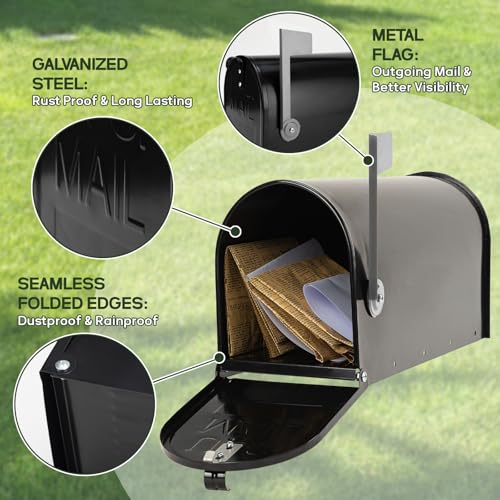 Black Post-Mount Mailboxes for Outside, RAINHOL Metal Mailbox, Galvanized Steel Outside Mail Boxes, Medium Capacity, 20 x 8.7 x 6.7 Inches - Thumbnail 5