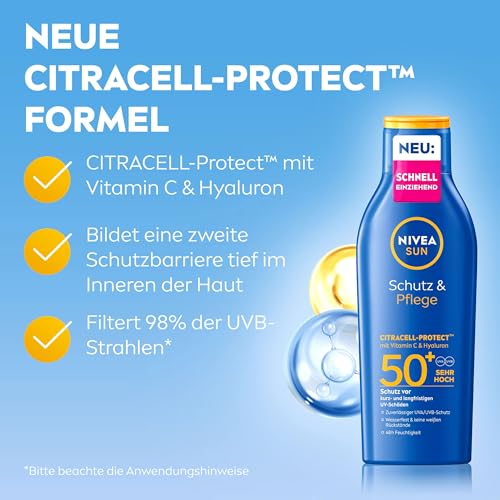 NIVEA SUN Schutz & Pflege Sonnenlotion LSF 50+, wasserfester Sonnenschutz mit Vitamin C & Hyaluron, schnell einziehende Sonnencreme für 48h Feuchtigkeit ohne weiße Rückstände (200 ml)