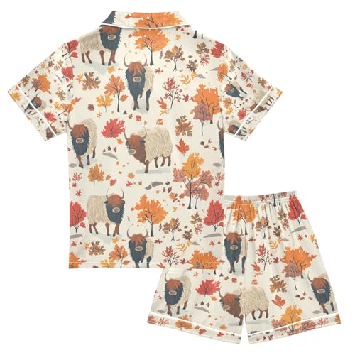 senya Highland Cattle Tree P Satin Summer Pajama Sets Silk Short Sleeve Button Down Sleepwear2