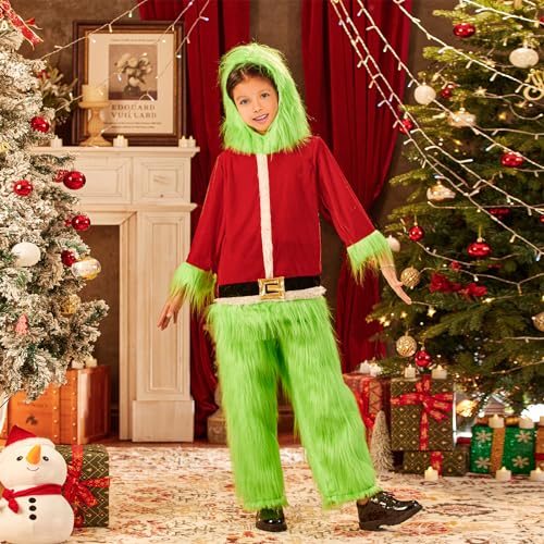 Disfraz de niño monstruo verde con capucha Navidad miniatura 4