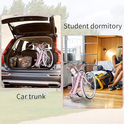 Image of 24 /26 Inch Folding Beach Cruiser Bike for Women, 7-Speed Foldable Bicycle with Basket & Cup Holder, Adult Commuter Bike with Adjustable Seat, Dual V-Brake System