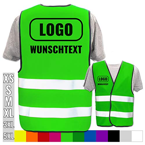 Hochwertige Warnweste mit Leuchtstreifen * Bedruckt mit Name Text Bild Logo Firma * personalisiertes Design selbst gestalten, Druckposition:Rücken + Brust, Farbe Warnweste:Neon Grün (XS)