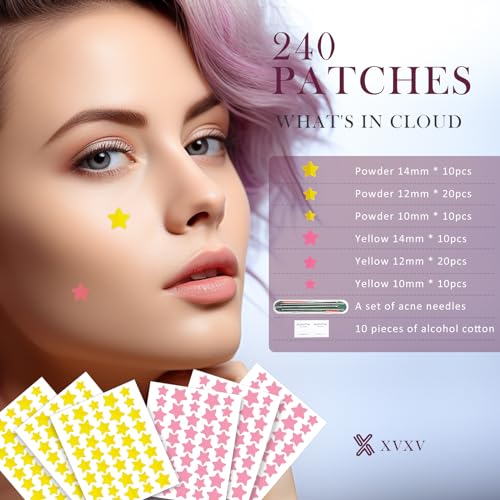 XVXV Adesivos de espinhas de estrela para rosto, adesivos de acne hidrocolóide, 3 tamanhos, 240 unid