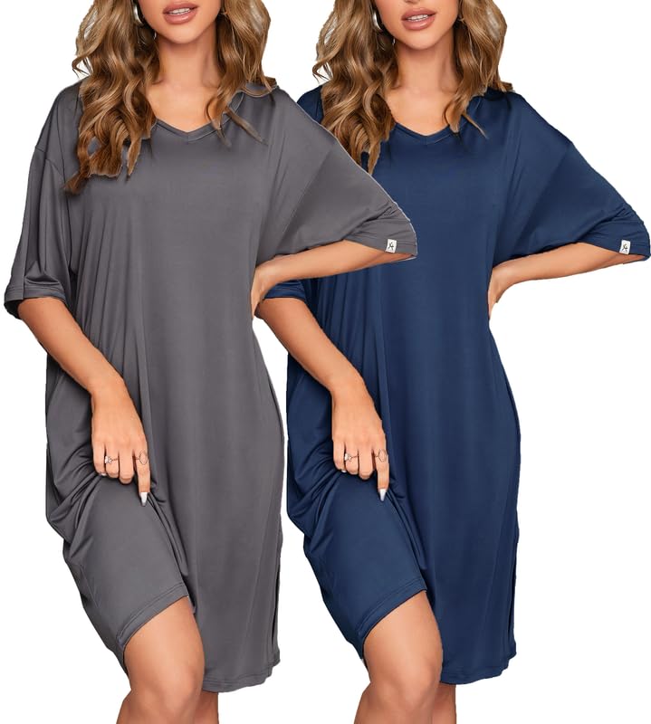 Image of ft FENTENG 2-Pack Women's Nightgowns Short Sleeve Nightshirt V Neck Soft Sleepwear Casual Sleepshirts Loose Pajama Dress