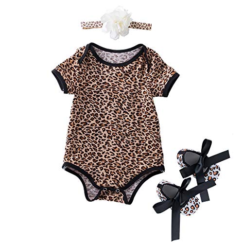Infant Baby Girls Leopard Romper Outfits Summer Short Sleeve Jumpsuit Bodysuit + Flower Headband + Shoes 3pcs Set 0-3 Months