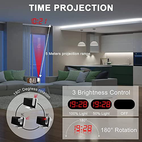 Hanaix 0059 Projection Digital Alarm Clock For Bedrooms, Radio Alarm Clock On Ceiling, Usb Charger Port, Temperature & Humidity Display thumb #1