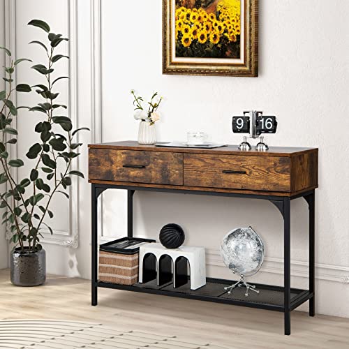Giantex Console Table With Storage Drawers - Industrial Entryway Table For Small Space, Slim Behind Sofa Table With Anti-Tipping Kit, Narrow Foyer Table For Dining Room & Living Room, Hallway, Brown #TOP5