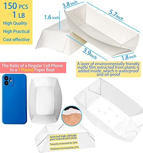 MotBach 150 Pack 1Lb Paper Food Boat Trays Disposable Paper Boat Plates Containers, White Kraft Food Serving Tray Boats Bowls for Snack Fries Popcorn BBQ Sandwich HotDog Dessert Taco Nacho