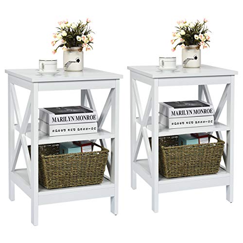 COSTWAY Nachttisch 3 Ebenen, 2er Set Beistelltisch Nachtschrank, Sofatisch Couchtisch für Schlafzimmer, Wohnzimmer 40x40x61cm (X-förmig, Weiß)