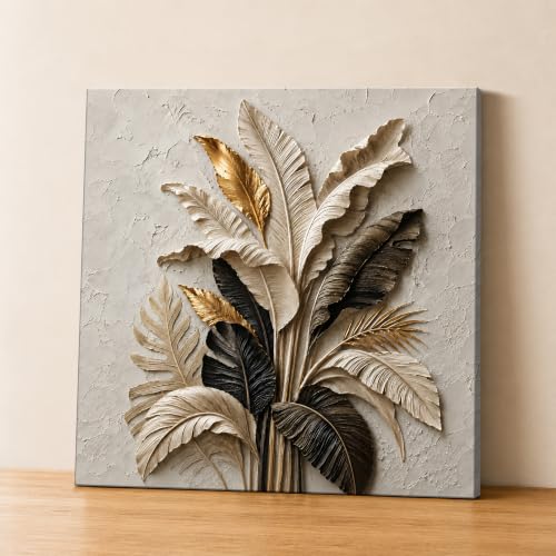 Image of PAINTINGMANTRA Textured Embossed Leaf Floral Canvas Wall Art Painting for wall decoration, Neutral & Gold Tropical Leaf Motifs Flower Stretched Canvas Painting for living room, bedroom, Office, 22x22 Inch