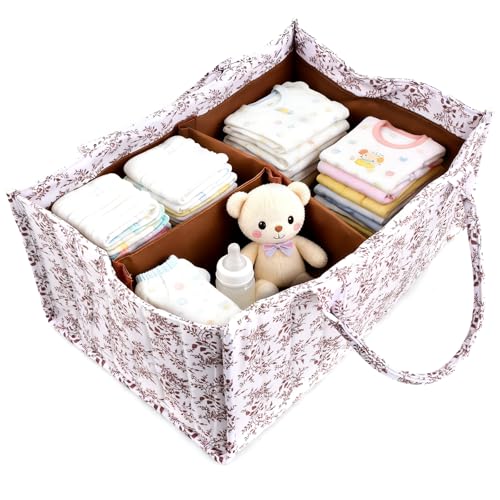 xianynow Organizador Pañales para Bebé – Cesta Cambiador Bebe con Scomparti Rimovibili e Maniglie, Canastilla Bebe para Guardería de Toallitas y Artículos, Patrón Floral Elegante