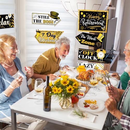 Image of Hooqict Retirement Party Decorations 20 Pieces Happy Retirement Party Signs for Black and Gold Retirement Theme Party Decor Directional Banner Sign Retirement Birthday Party Supplies