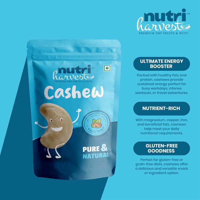 Image of NUTRI HARVEST Premium Natural Whole Cashews (2X 200g )Value Pack | Unsalted Kaju | Rich in Protein, Magnesium & Phosphorus | Crunchy, Nutritious & Delicious Nuts | Healthy Dry Fruits Snack (Pack of 2)