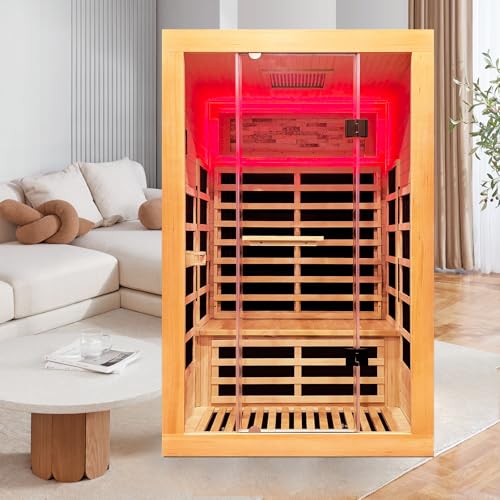 Image of OUTEXER Infrared Sauna 2000W Wooden Saunas Home Spa Room Canadian Hemlock Wood Low-EMF Indoor Saunas with with Red Light Beauty Lamp for Two Person 74.8 * 47.2 * 41.3Inch