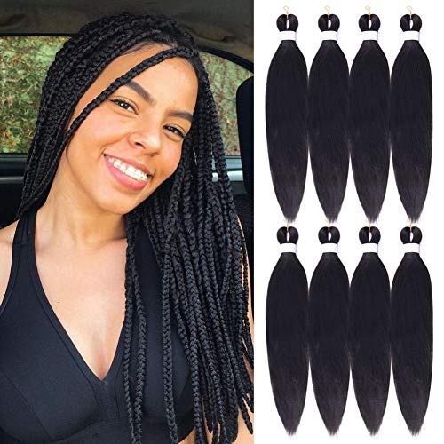 Pre Stretched Braiding Hair Black Hot Water Setting Synthetic Fiber Crochet Hair Extension 8 Packs 24inch Easy Braiding Hair Professional Braids Hair Itch Free Yaki Texture (1B#)
