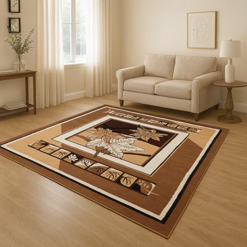 Image of Modern Floral Area Rug 6x8 Feet | Soft BCF Brown Gold Living Room Carpet