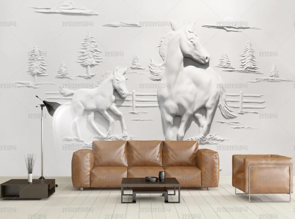 Papier peint intissé pour cacher un grand mur abîmé salon motif cheval