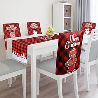 Augot 4Pcs Christmas Chair Covers with Table Runner 180*33cm, Xmas Dining Chair Covers Slipcovers 50*60cm Chair Back Covers Dining Decoration