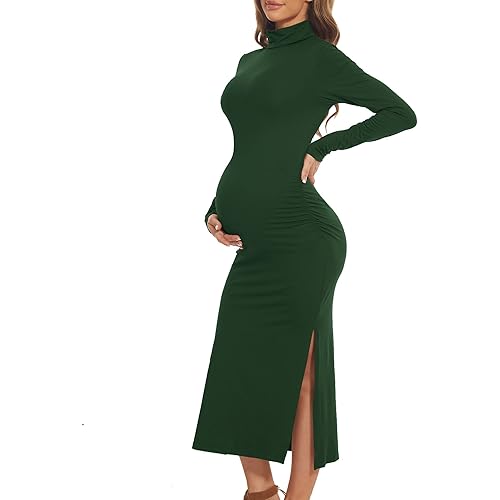 Turtleneck & Long Sleeve Maternity Dress for Photoshoot Baby Shower, Winter Split Ruched Bodycon Pregnancy Clothes