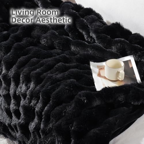 Smoofy Faux Fur Throw Blanket for Couch – Black Fluffy Cozy Rabbit Fleece, Plush Soft Bubble Blanket for Sofa & Bed, for Mom, Warm Fuzzy Home Room Decor Throw 50" x 60"