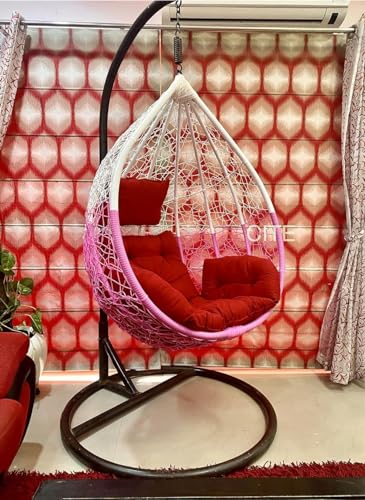 Image of Single Seater Swing Chair with Stand and Cushion Hammock Swing for Adult Outdoor Indoor Garden Living Room Balcony Hanging Chair (Pink & White)