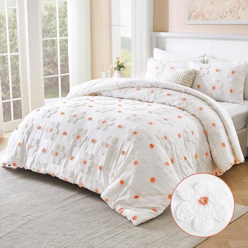 Image of Full Size Comforter Set for Girls Kids 3 Pieces Orange Flowers Bedding Set | CotComf White Comforter Set with Flowers, Bed in A Bag Lightweight Cute Bed Comforter Set for Teen Girls Women