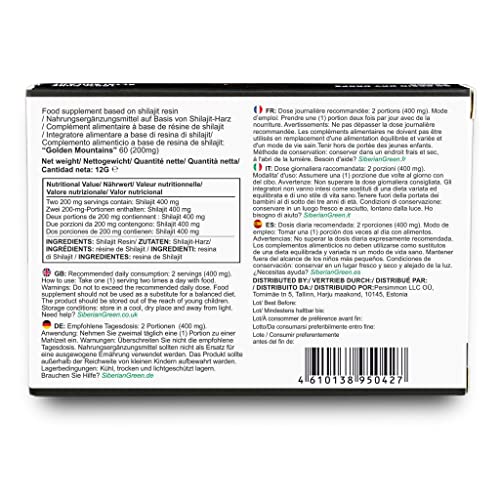 Premium Pure Shilajit Dry Drops By Siberian Green Altai "Golden Mountains" - 60 Count (200 Mg) Authentic Safety & Quality Certificate - Us Lab Tested Fulvic Acid #TOP4