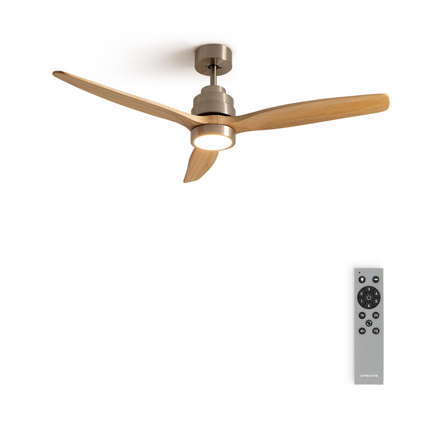 CREATE / WINDSTYLANCE/Ventilador de techo con luz níquel aspas madera natural con mando / 40W, Silencioso, Ø132 cm, 6 velocidades, temporizador, verano-invierno, doble altura