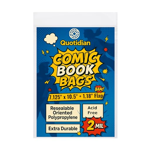 Quotidian Clear Comic Book Bags Self Seal 2 Mil Ultra Thick Acid-Free Plastic 7.125" x 10.5" (18.1 x 26.7cm) Pack of 100 - Archival Protection for Silver Age Comic Books by Quotidian - Used condition - US$7.39