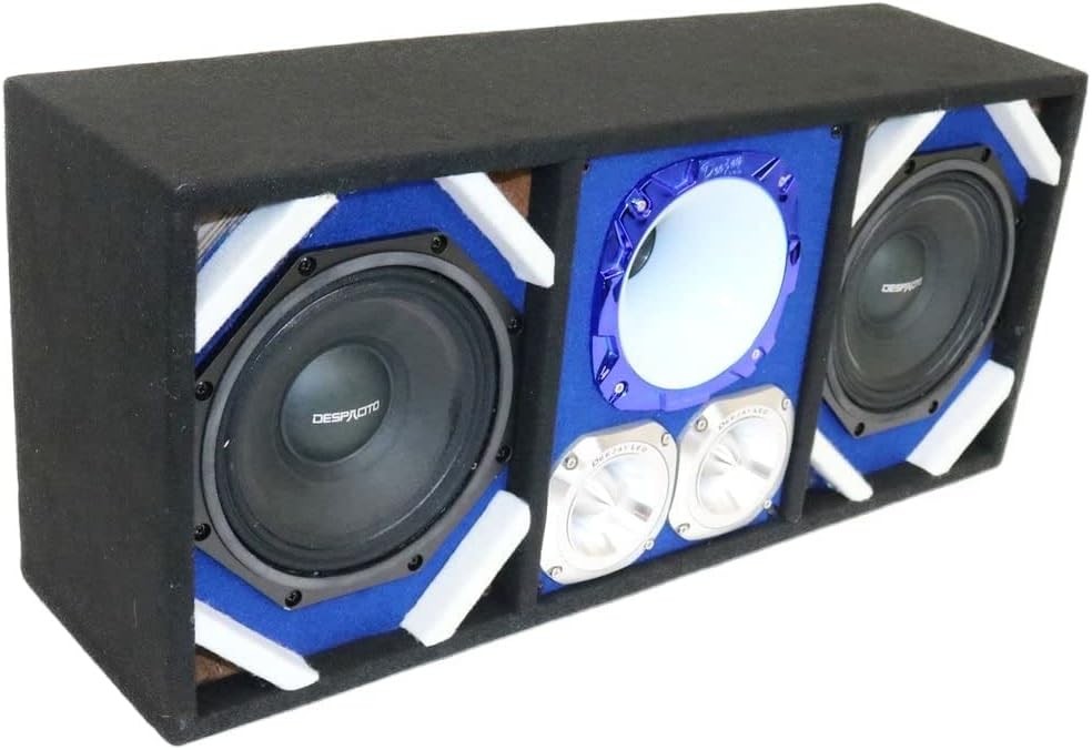 Angled view of the DEEJAY LED TBH8BLUE Despacito Horn Speaker System, highlighting the speaker and tweeter arrangement.