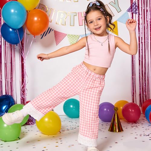 Image of Miipat Toddler Girls Wide Leg Pants Elastic Waist 2 Pack Gingham Pants Girls Loose Checkered Plaid Lace Bottoms
