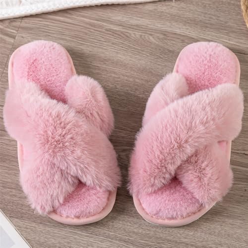 Womens Cross Band Slippers Cozy Furry Fuzzy House Slippers Open Toe Fluffy Indoor Shoes Outdoor Slip on Warm Breathable Anti-skid Sole2
