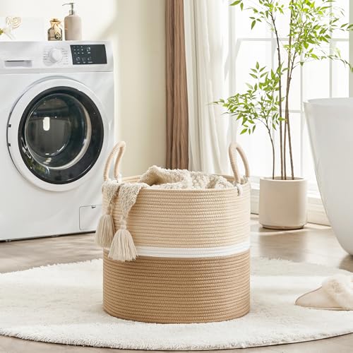 KAKAMAY Large Blanket Basket (18"x18"x16"),Woven Baby Laundry Hamper for Storage, Cotton Rope Blankets Baskets for Nursery, Laundry, Living Room, Pillows, Baby Toy chest with Handles (Light Brown) by KAKAMAY - Image 4