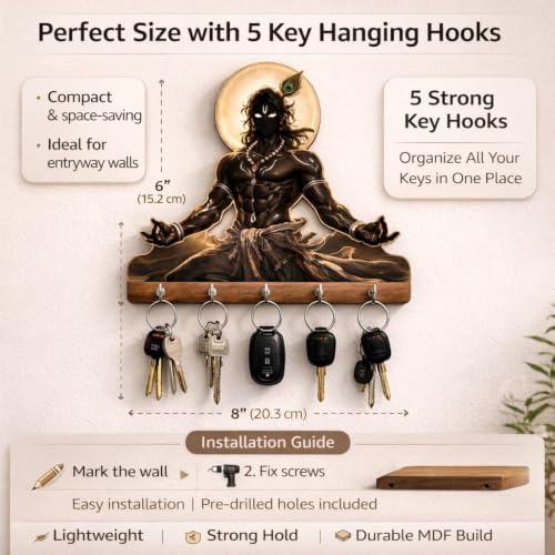 Image of DAKSHETSRY Artworks Lord Krishna Key Holder for Wall with 5 Hooks | Wooden Decorative Key Hanger for Home Entrance, Living Room & Office | Spiritual Wall Decor | Housewarming & Diwali Gift