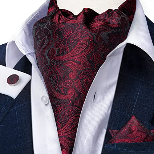 Image of DiBanGu Mens Silk Ascot Ties Paisley Jacquard Woven Cravat and Pocket Square Cufflinks with Lapel Pin for Business Wedding