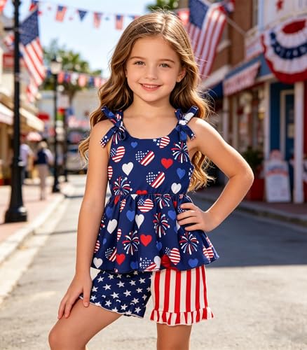 Image of Toddler Girls Clothes Summer Short Set Outfit Tie Knot Shoulder Sleeveless Ruffle Tops and Shorts 2PC Clothing Set