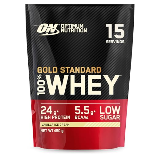 Optimum Nutrition Gold Standard 100% Whey Muscle Building and Recovery Protein Powder With Naturally Occurring Glutamine and BCAA Amino Acids, Vanilla Ice Cream Flavour, 15 Servings, 450 g