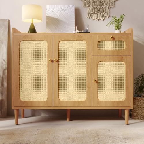 DHHU - Aparador de ratán trenzado roble, 120 x 40 x 91 cm, 3 puertas, 1 cajón, bisagras amortiguadas, estantes ajustables, mueble de almacenamiento multifunción para sala de estar, cocina, entrada
