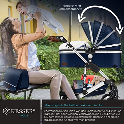 KESSER® Loops 3 in 1 Kinderwagen Kombikinderwagen komplettset incl. Babywanne & Buggy Sportsitz & Auto-Babyschale - Voll-Gummireifen - Wickeltasche/Regenschutz/Kindertisch Set, Blau/Silber