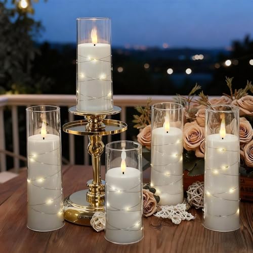 Image of Raycare Flameless Candle with Remote Timer - 5 Flickering Acrylic Battery Operated LED Pillar Candles with Embedded Star String for Christmas, Wedding, Home Decor, and as a Gift(White)