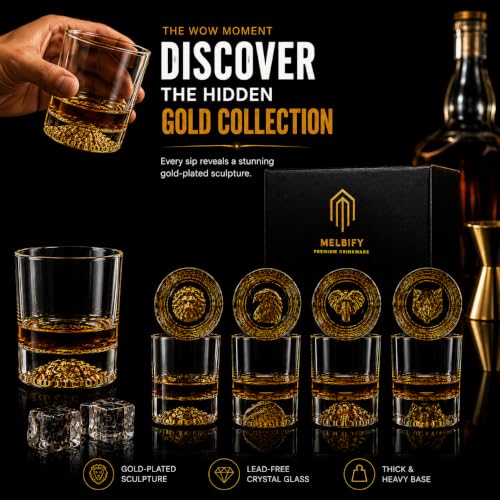Image of Melbify Gold Animal Combo Whiskey Glass Gift Set | 4 ps Set | 300 ML | Ultra-Premium | Gold-Bottomed | Imported | Luxurious | Ideal for Wedding Gifts, Anniversary, VIP and Corporate Gifts