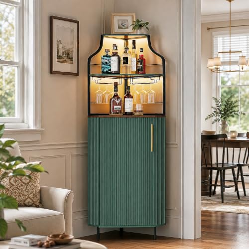 Image of ARTPOWER Corner Bar Cabinet with LED Strip, 4-Tiers Liquor Cabinet, Green