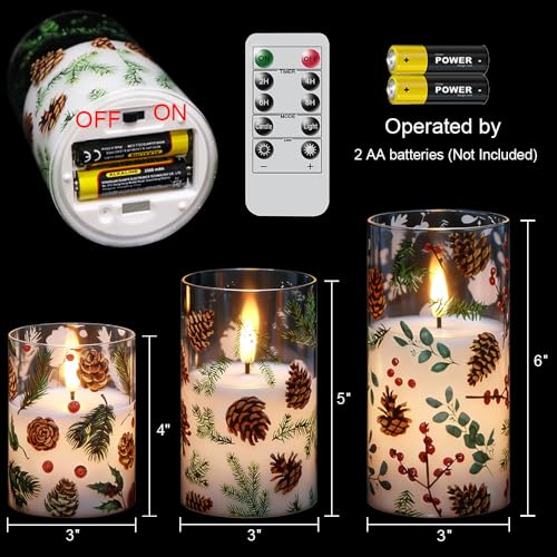 Image of GenSwin Christmas Flameless Candles Battery Operated with Pinecone Decals, 3 Pcs Glass Flameless Candles with Remote Timer and 3D Flickering Flame for Christmas Holiday Decor(Set of 3, D3 inch x 4 inch5 inch6 inch)