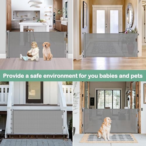 55 Inch Retractable Dog Gate Outdoor Scratch-Resistant Mesh Baby Gate for Stairs Retractable Baby Gates for Doorways Anti-Climb Outdoor Dog Gates for Decks Keep Kid/Pet away from Dangerous Place, Gray