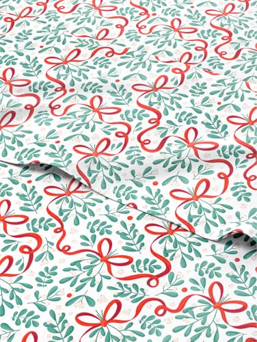 Queen Christmas Ribbon Sheet Set - Holiday Xmas Pattern Bedding Set - Deep Pockets - Snug Fit - 4 Piece - Wrinkle Free & Easy Care - Comfy Festive Winter - Holiday Sheets for Women, Men, Kids & Teens