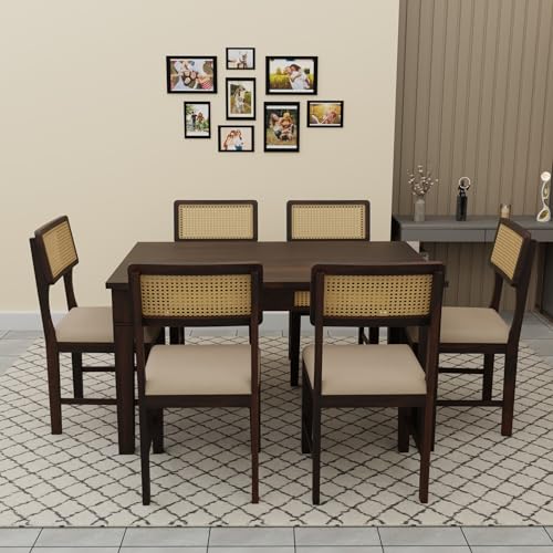 Image of Sheesham Wood Dining Table Set 6 Seater Set for Home and Kitchen, Rattan Dining Table 6 Seater with Chairs Cane Furniture, Dining Set