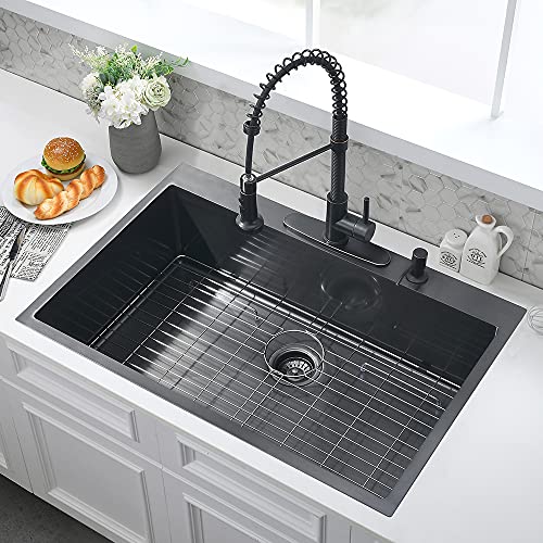 33 Inch Black Drop In Kitchen Sink-Wmxqx 33X22 Matte Black Stainless Steel Topmount Kitchen Sink 16 Gauge Single Bowl Kitchen Sink #TOP1